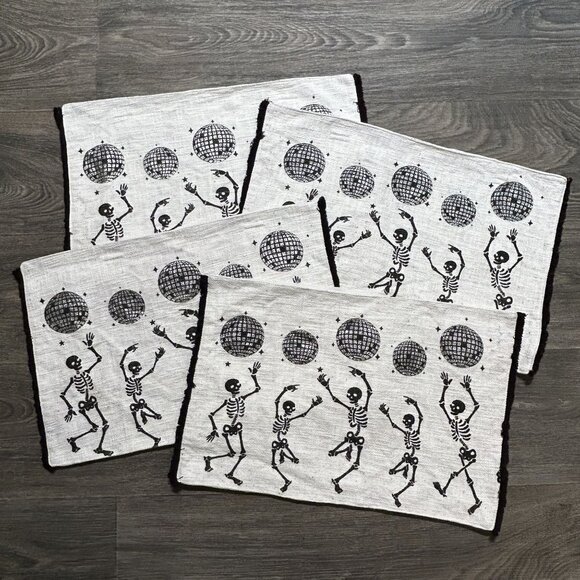 Halloween Tahari Skeleton Disco Ball Placemats Set 4 Spooky Season Table Linens - Picture 1 of 8